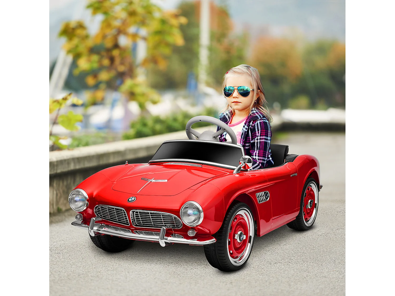 Voiture électrique enfant rétro BMW 507 - V. max. 5 Km/h effets sonores, lumineux, télécommande - rouge