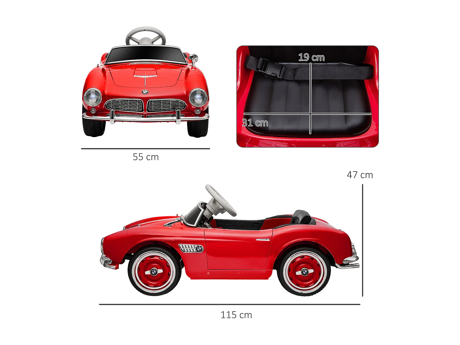 Voiture électrique enfant rétro BMW 507 - V. max. 5 Km/h effets sonores, lumineux, télécommande - rouge