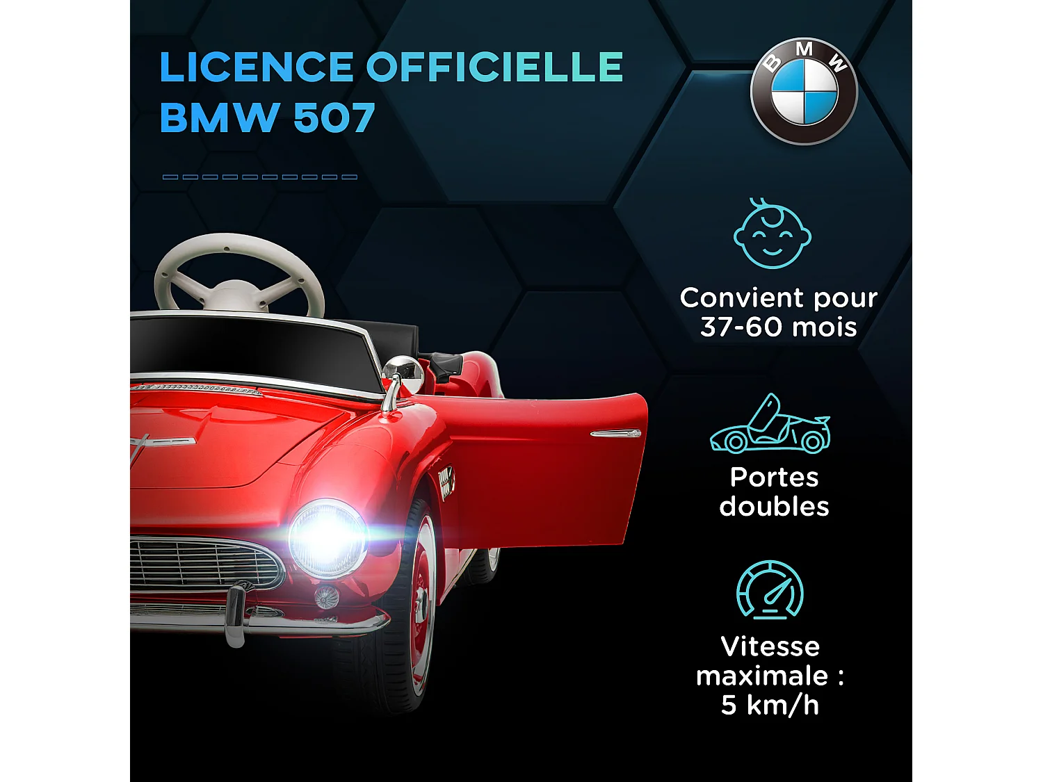 Voiture électrique enfant rétro BMW 507 - V. max. 5 Km/h effets sonores, lumineux, télécommande - rouge