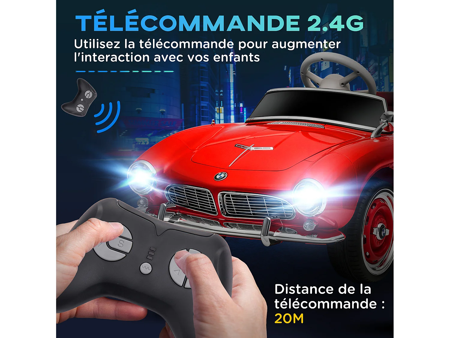 Voiture électrique enfant rétro BMW 507 - V. max. 5 Km/h effets sonores, lumineux, télécommande - rouge