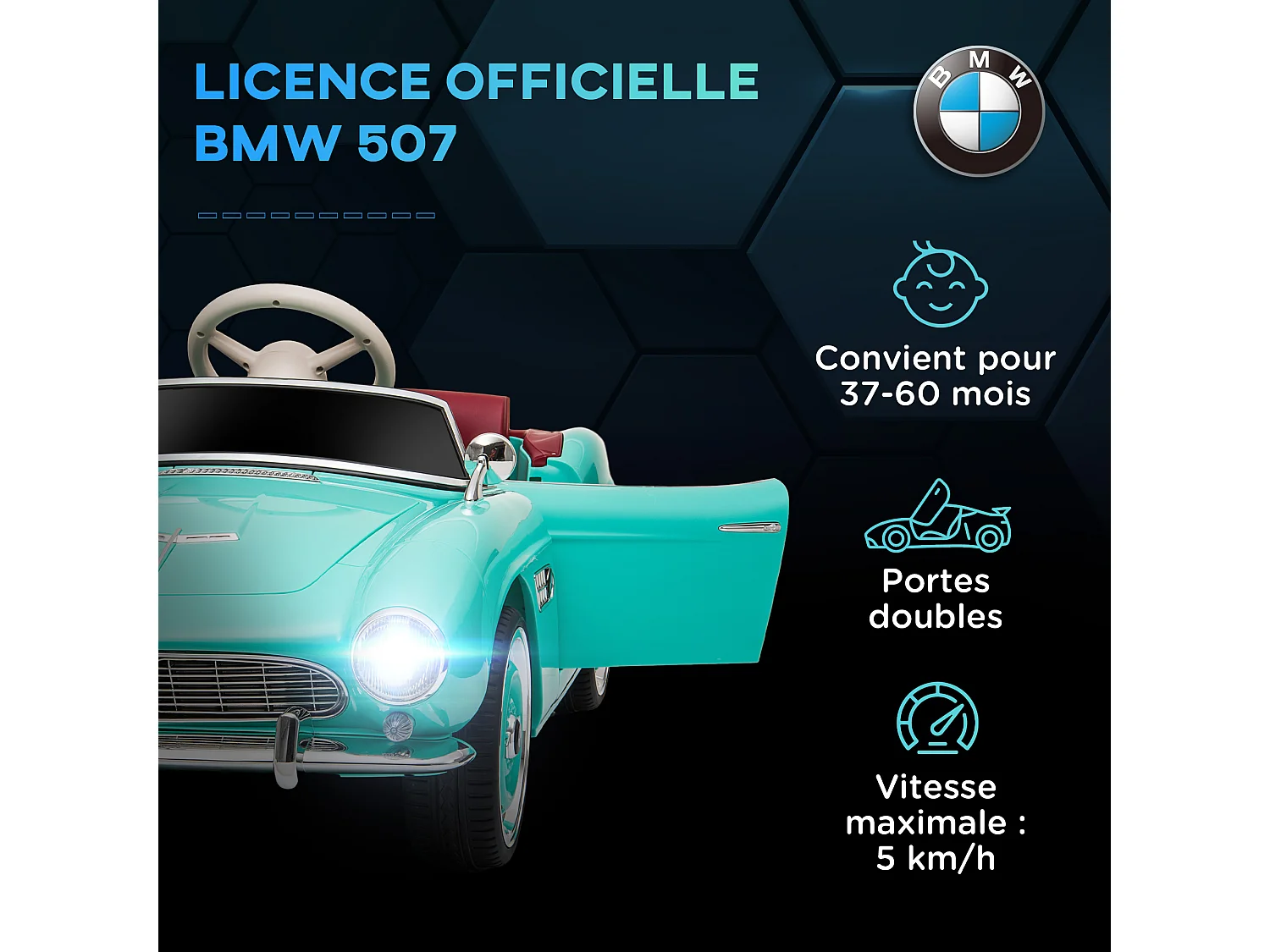 Voiture électrique enfant rétro BMW 507 - V. max. 5 Km/h effets sonores, lumineux, télécommande - turquoise