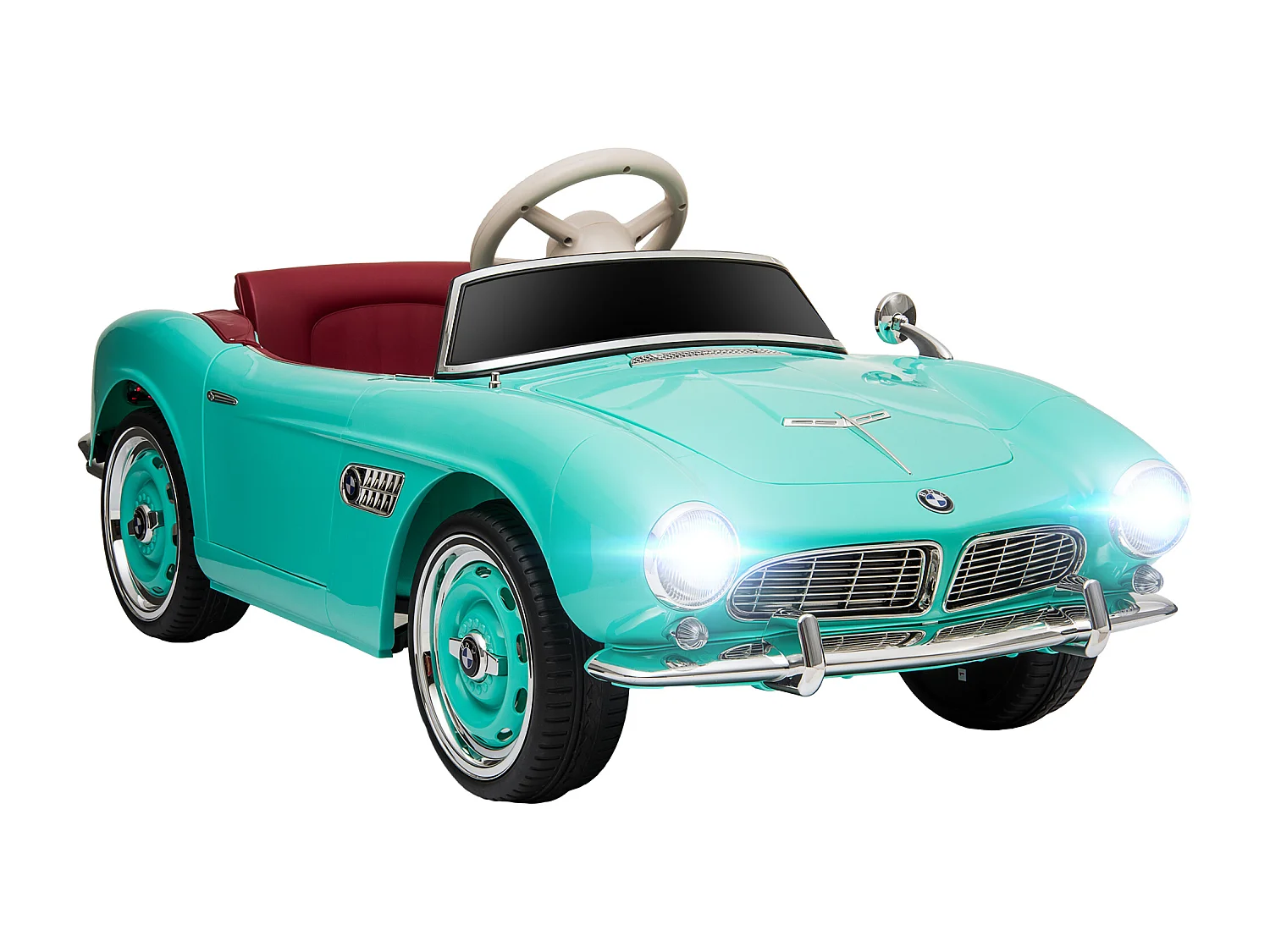 Voiture électrique enfant rétro BMW 507 - V. max. 5 Km/h effets sonores, lumineux, télécommande - turquoise