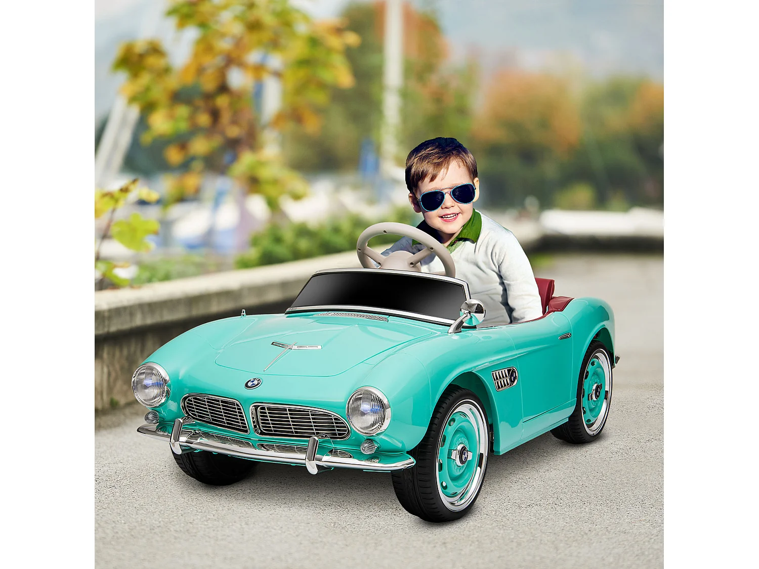 Voiture électrique enfant rétro BMW 507 - V. max. 5 Km/h effets sonores, lumineux, télécommande - turquoise