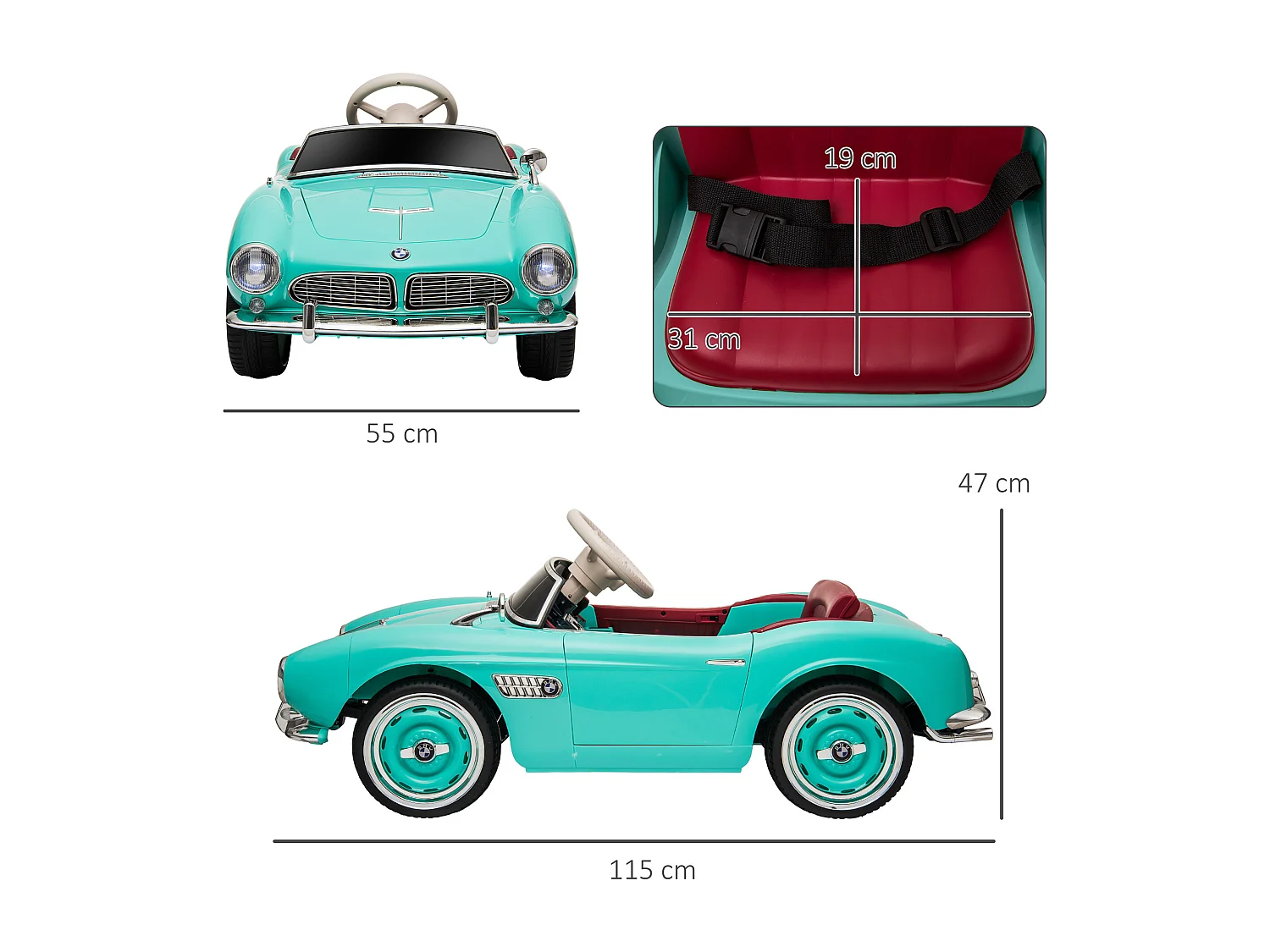 Voiture électrique enfant rétro BMW 507 - V. max. 5 Km/h effets sonores, lumineux, télécommande - turquoise