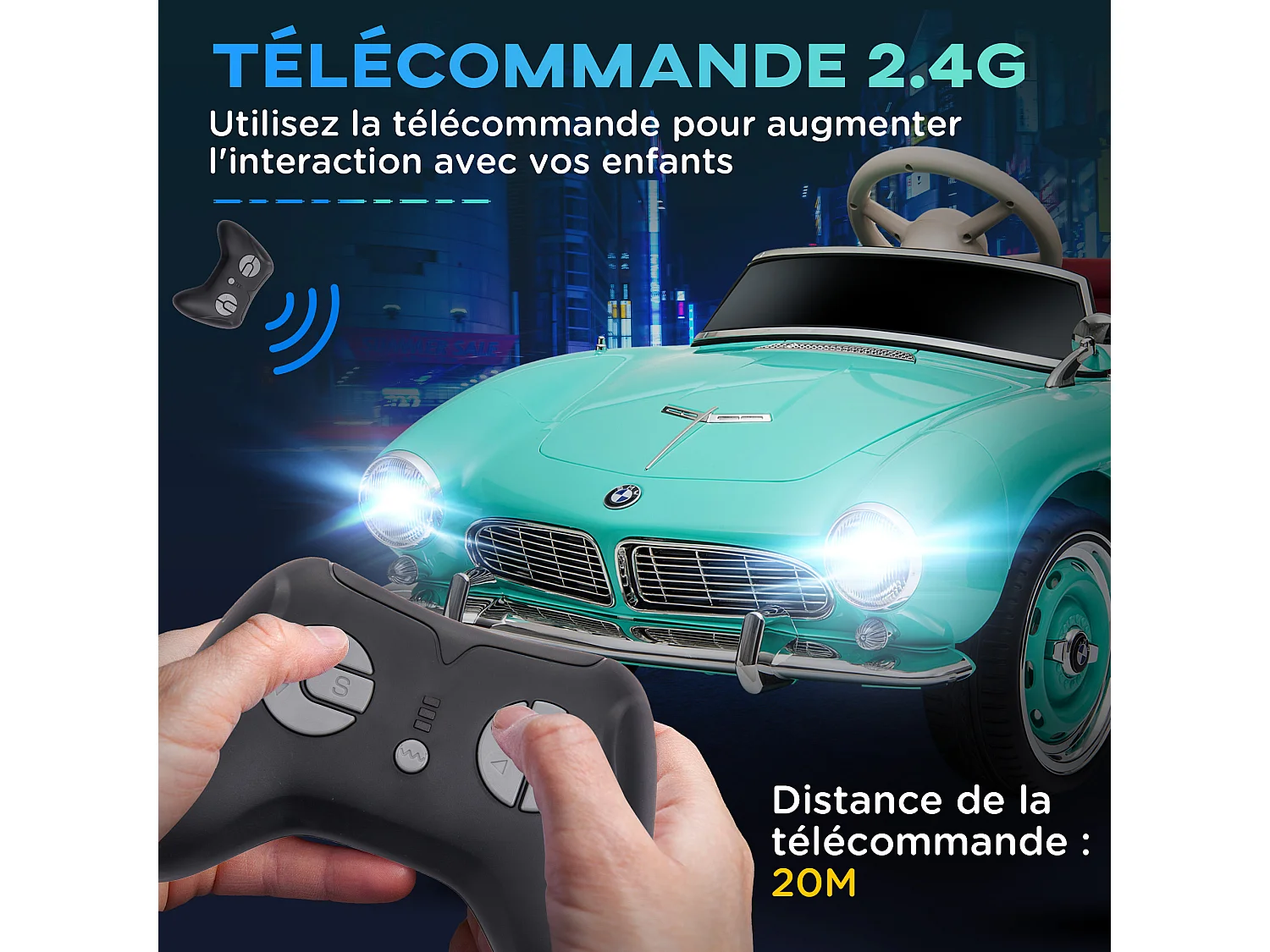 Voiture électrique enfant rétro BMW 507 - V. max. 5 Km/h effets sonores, lumineux, télécommande - turquoise