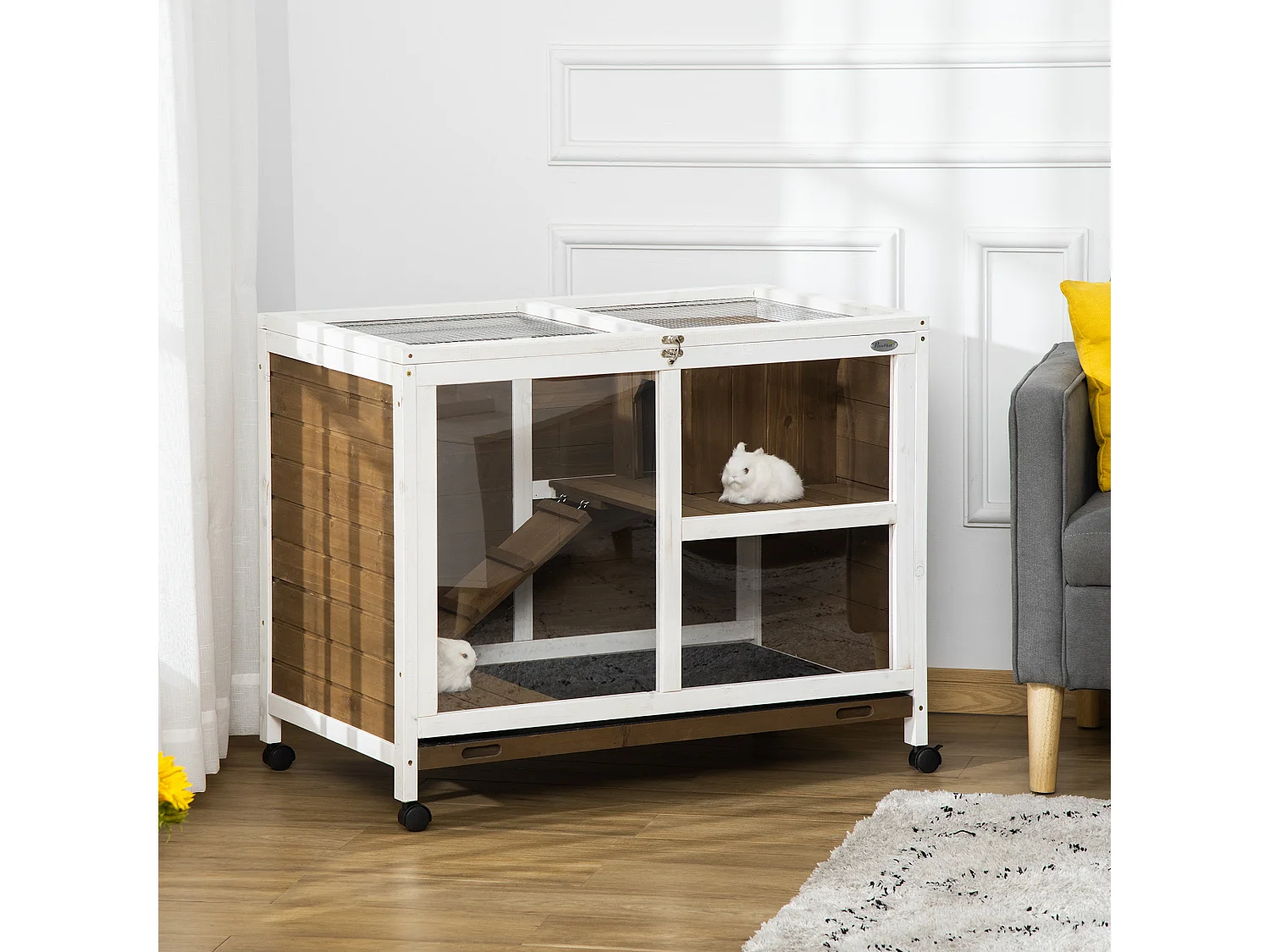 Clapier à lapin sur roulettes cage à lapin 2 niveaux toit ouvrant verrouillable plateau déjection coulissant rampe niche bois de sapin marron blanc