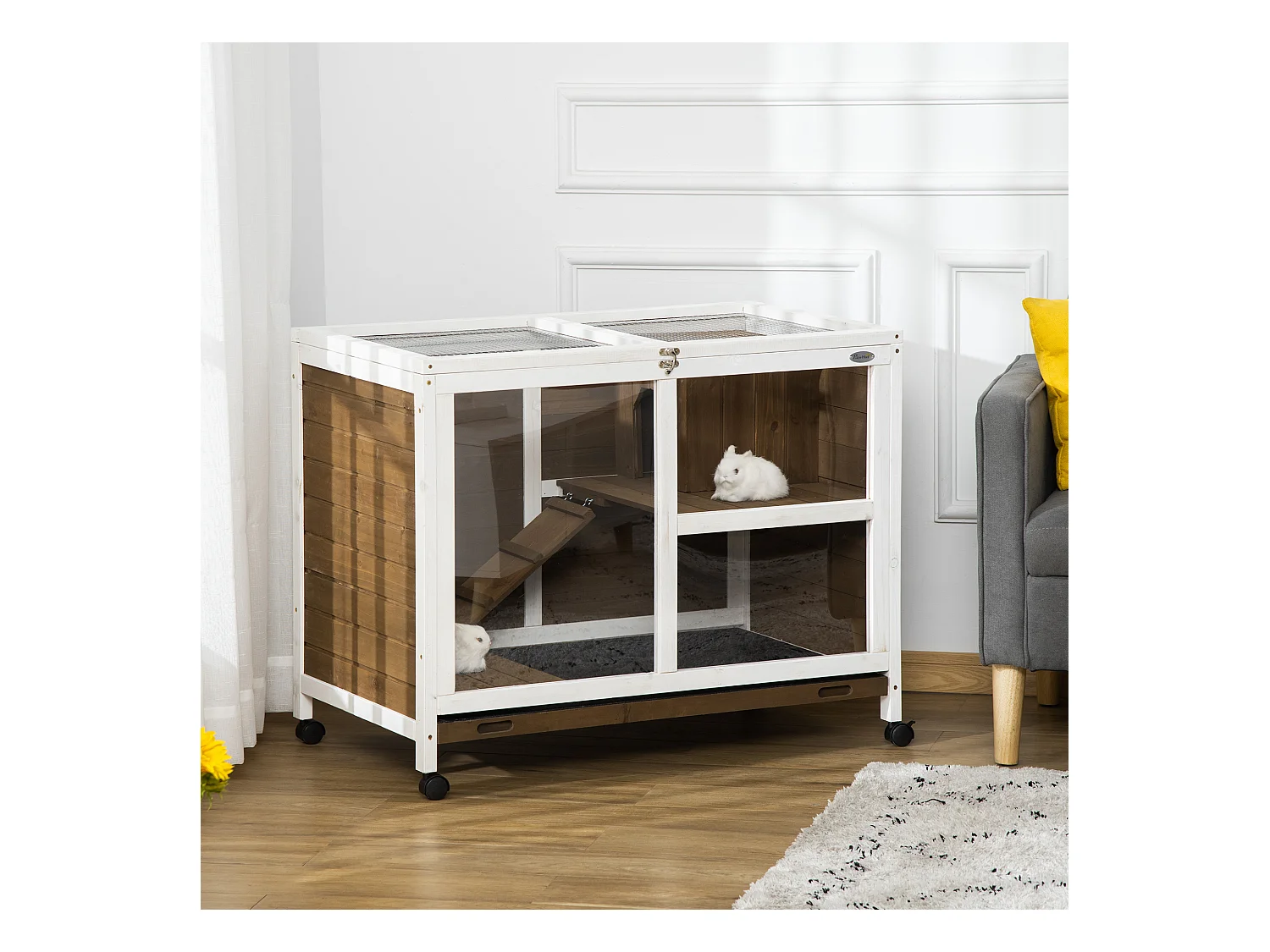 Clapier à lapin sur roulettes cage à lapin 2 niveaux toit ouvrant verrouillable plateau déjection coulissant rampe niche bois de sapin marron blanc