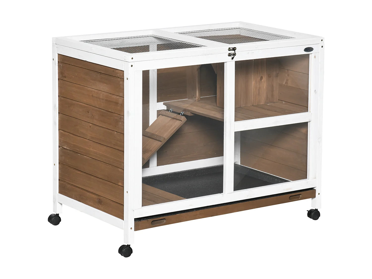 Clapier à lapin sur roulettes cage à lapin 2 niveaux toit ouvrant verrouillable plateau déjection coulissant rampe niche bois de sapin marron blanc