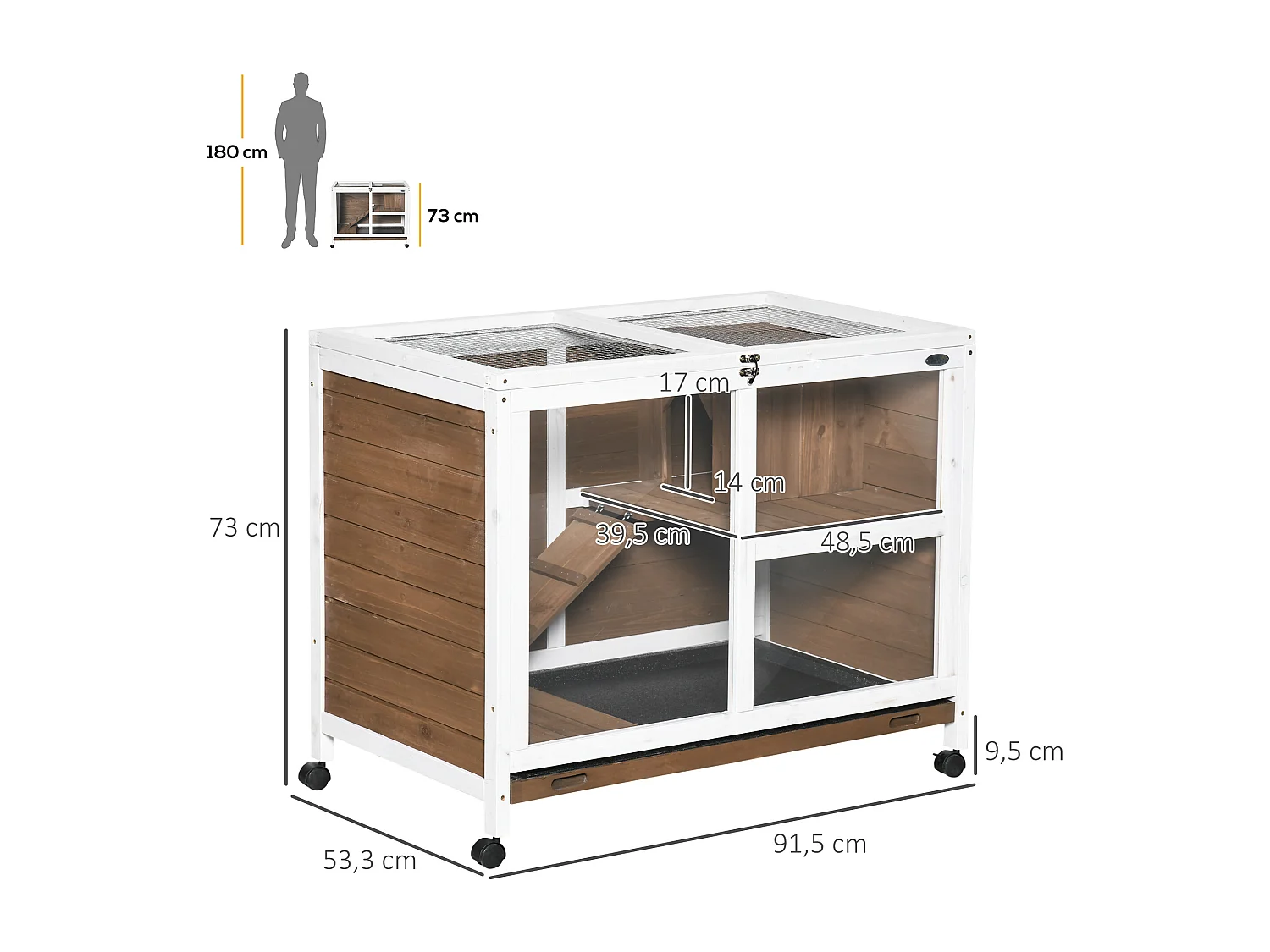 Clapier à lapin sur roulettes cage à lapin 2 niveaux toit ouvrant verrouillable plateau déjection coulissant rampe niche bois de sapin marron blanc