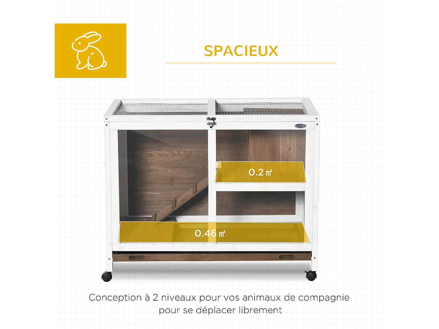 Clapier à lapin sur roulettes cage à lapin 2 niveaux toit ouvrant verrouillable plateau déjection coulissant rampe niche bois de sapin marron blanc