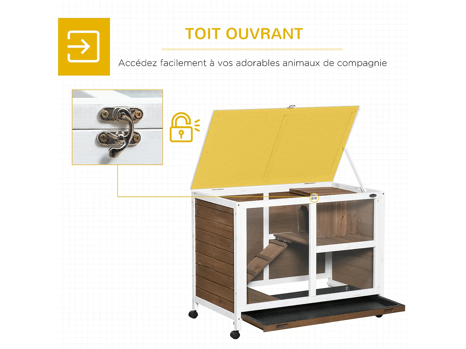 Clapier à lapin sur roulettes cage à lapin 2 niveaux toit ouvrant verrouillable plateau déjection coulissant rampe niche bois de sapin marron blanc