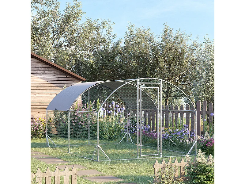 Enclos poulailler chenil 10,64 m² - parc grillagé dim. 3,8L x 2,8l x 1,97H m - espace couvert - acier galvanisé