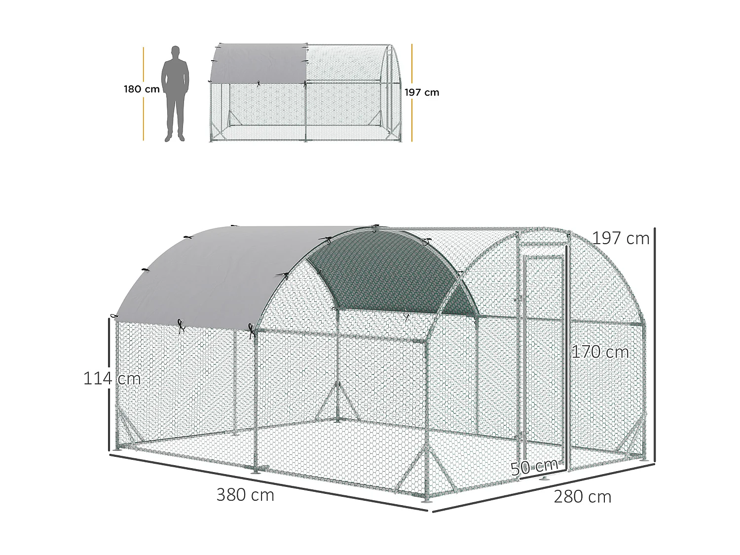 Enclos poulailler chenil 10,64 m² - parc grillagé dim. 3,8L x 2,8l x 1,97H m - espace couvert - acier galvanisé