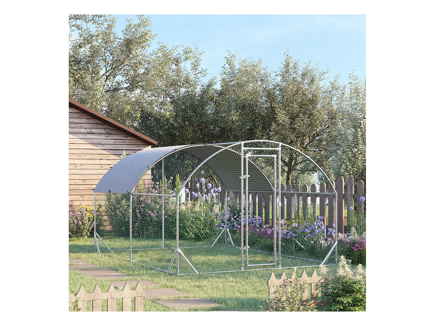 Enclos poulailler chenil 10,64 m² - parc grillagé dim. 3,8L x 2,8l x 1,97H m - espace couvert - acier galvanisé