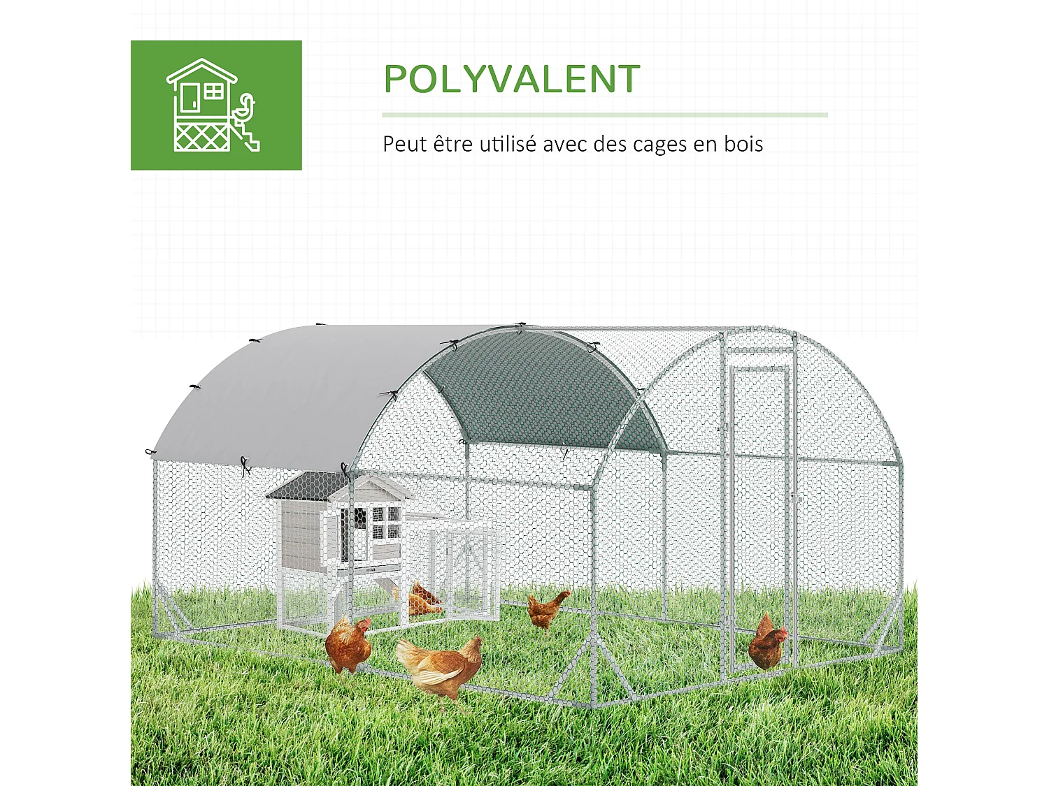 Enclos poulailler chenil 10,64 m² - parc grillagé dim. 3,8L x 2,8l x 1,97H m - espace couvert - acier galvanisé