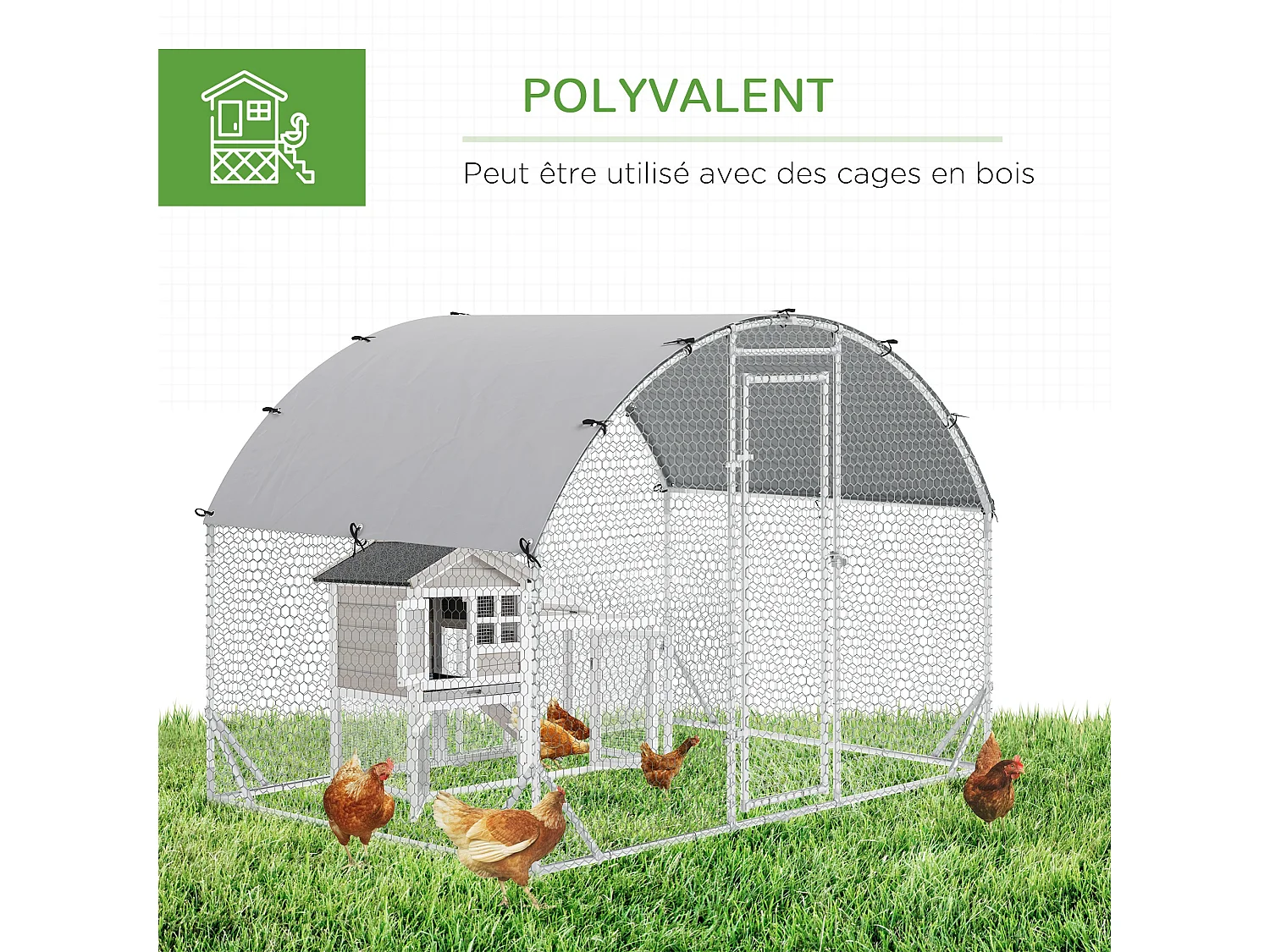 Enclos poulailler chenil couvert 5,32 m² - parc grillagé dim. 2,8L x 1,9l x 1,97H m - acier galvanisé