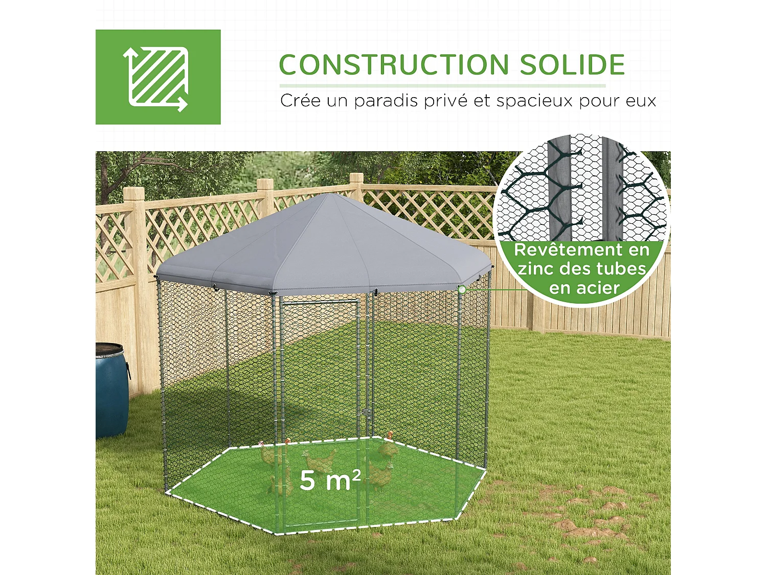 Enclos poulailler chenil 5 m² - parc grillagé dim. 2,8L x 2,45l x 2,46H m - entièrement couvert - acier oxford gris