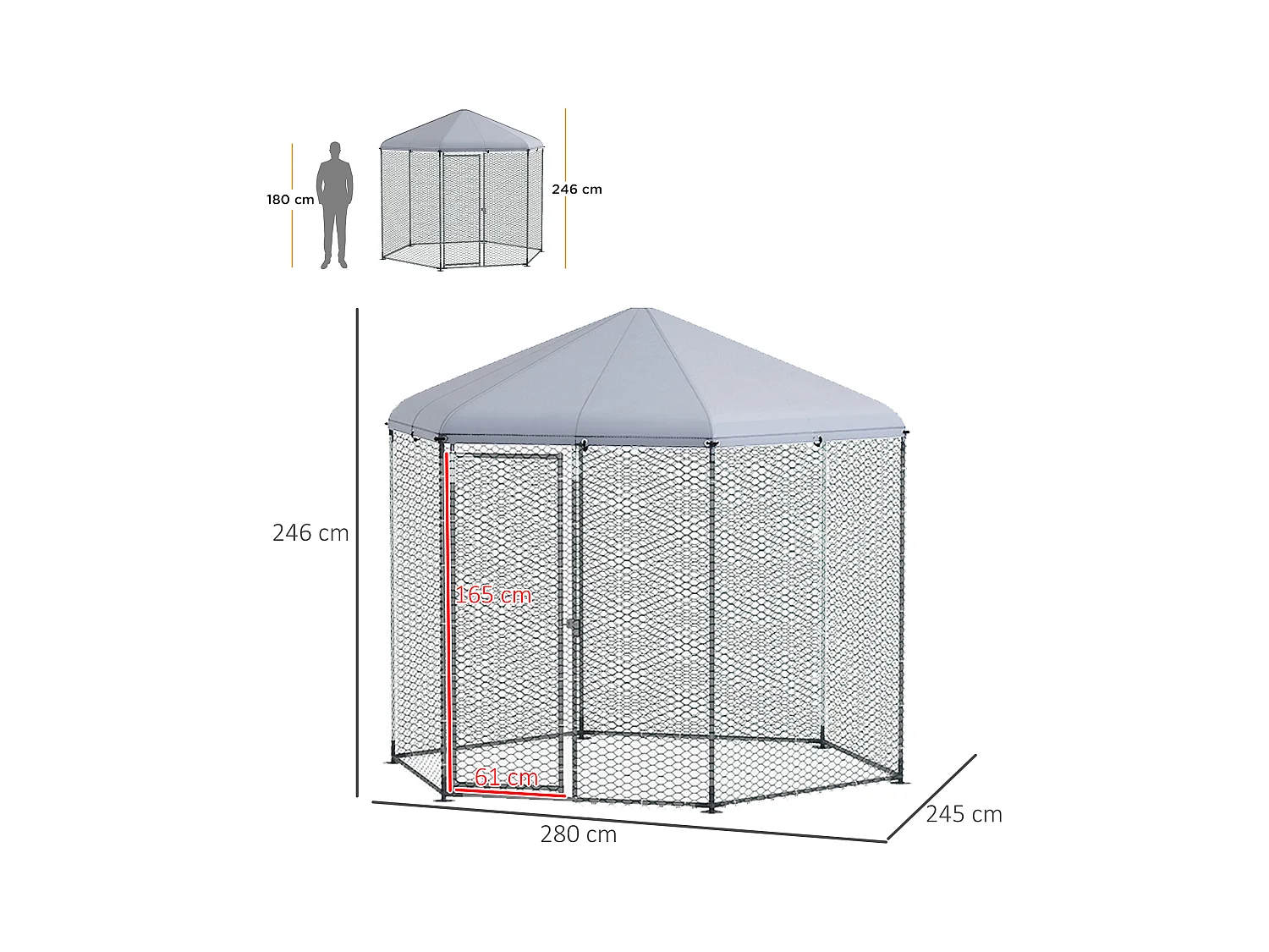 Enclos poulailler chenil 5 m² - parc grillagé dim. 2,8L x 2,45l x 2,46H m - entièrement couvert - acier oxford gris