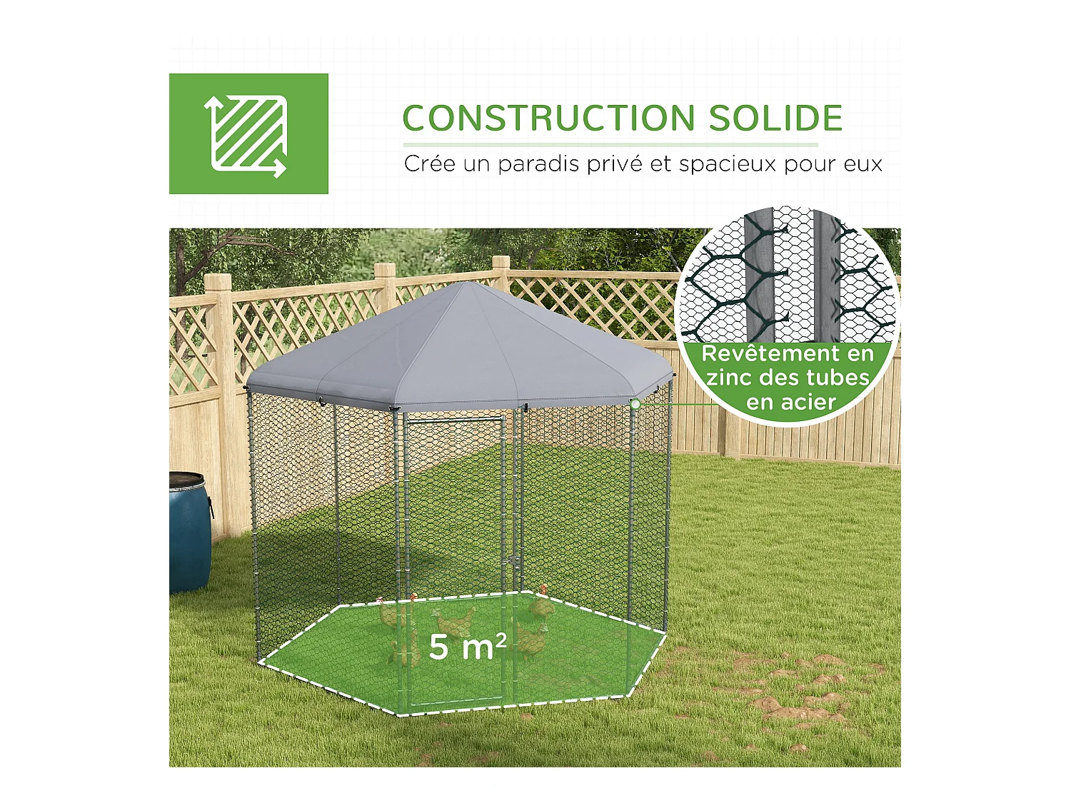 Enclos poulailler chenil 5 m² - parc grillagé dim. 2,8L x 2,45l x 2,46H m - entièrement couvert - acier oxford gris