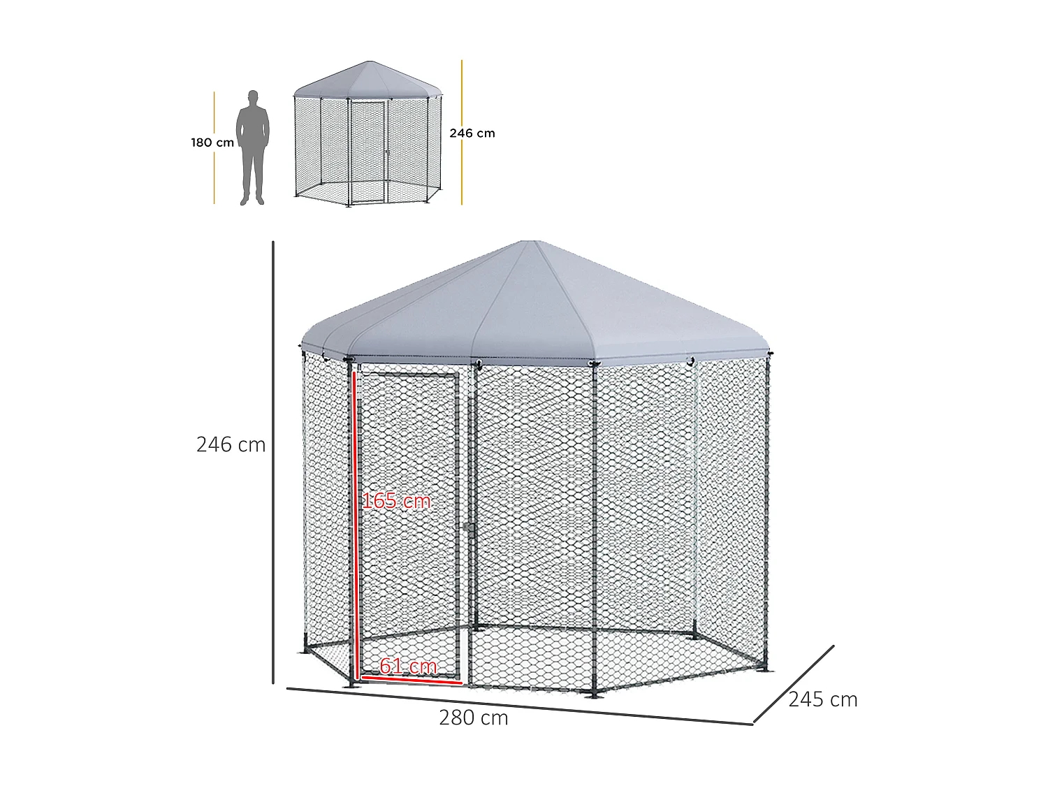 Enclos poulailler chenil 5 m² - parc grillagé dim. 2,8L x 2,45l x 2,46H m - entièrement couvert - acier oxford gris