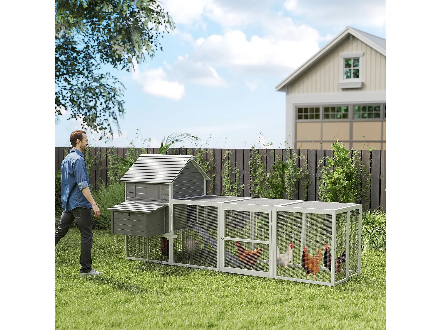 Poulailler cottage cage à poules sur pied dim. 310L x 149l x 149H cm multi-équipement bois sapin gris