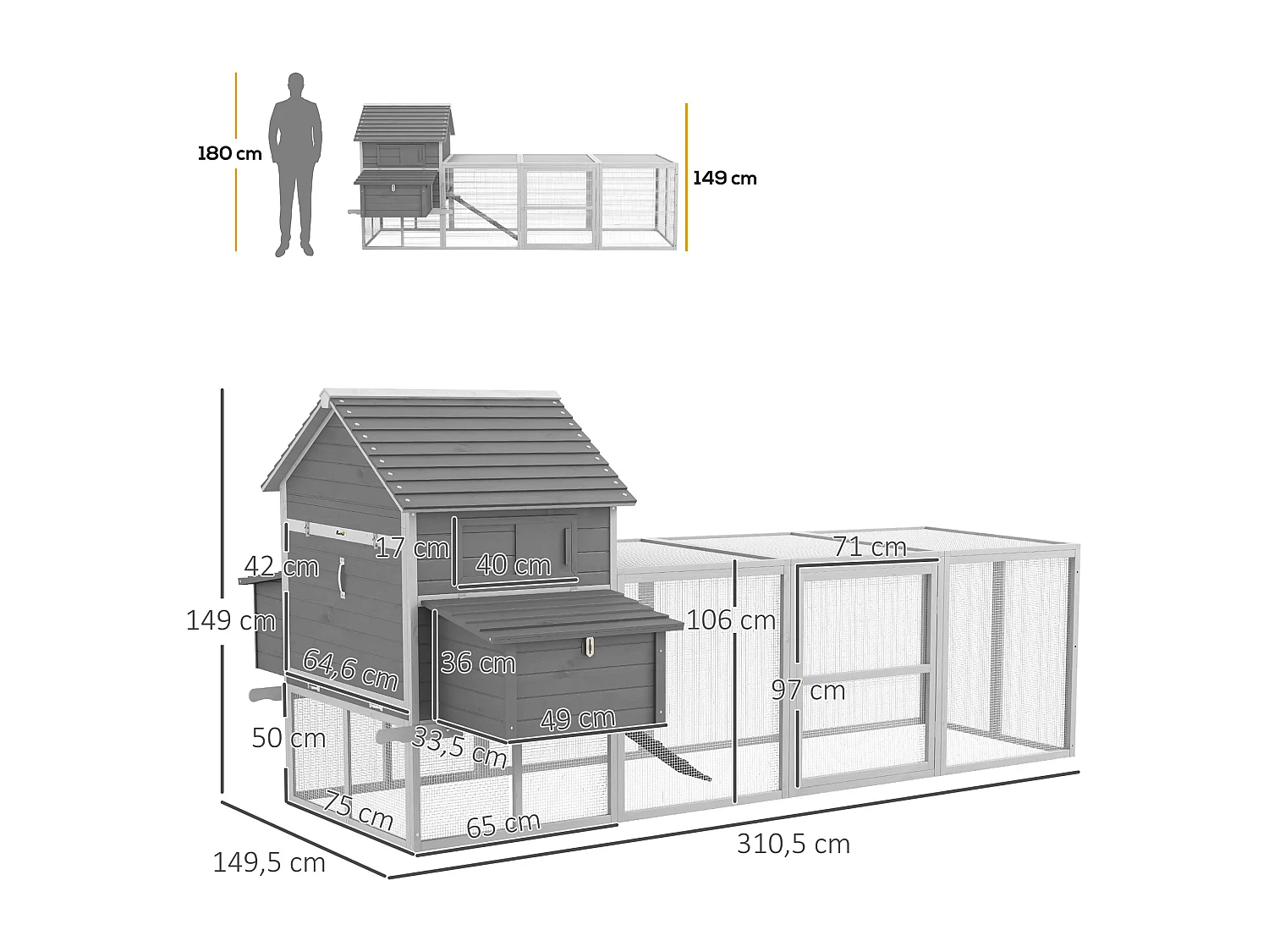 Poulailler cottage cage à poules sur pied dim. 310L x 149l x 149H cm multi-équipement bois sapin gris