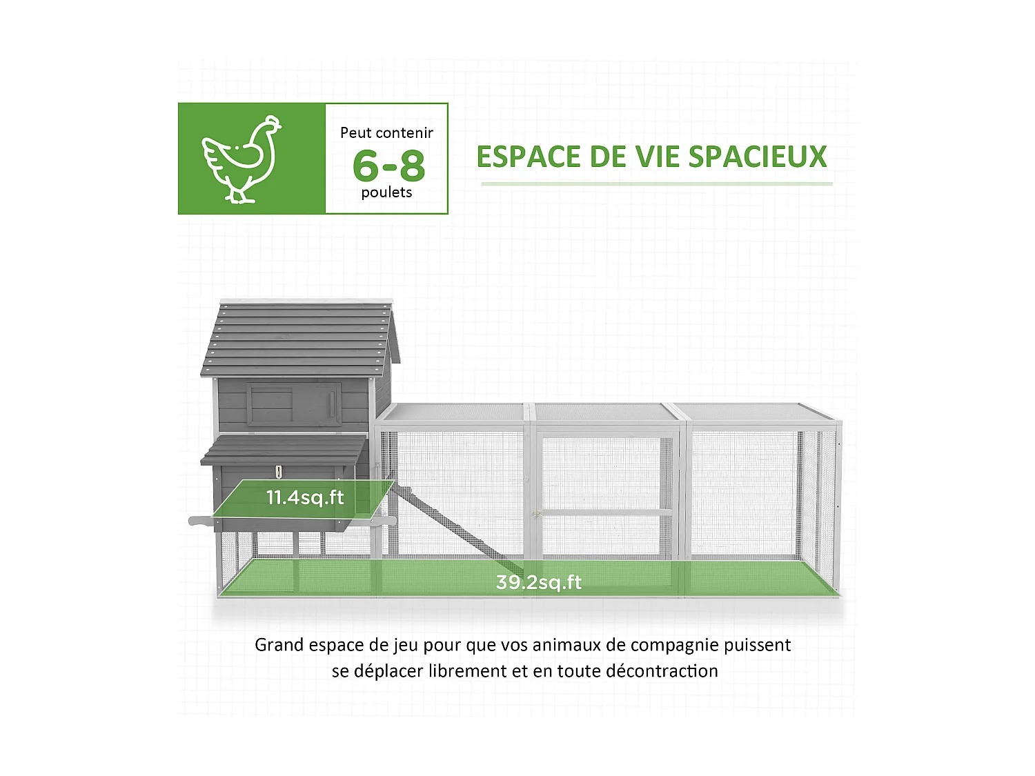 Poulailler cottage cage à poules sur pied dim. 310L x 149l x 149H cm multi-équipement bois sapin gris