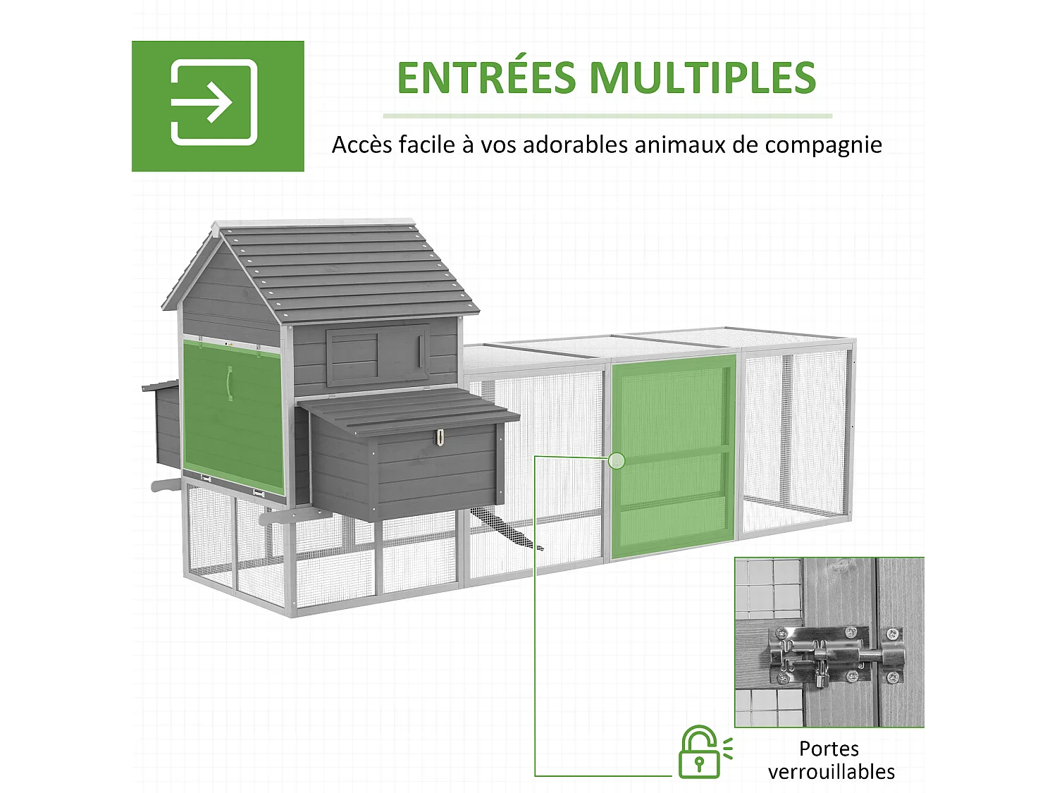 Poulailler cottage cage à poules sur pied dim. 310L x 149l x 149H cm multi-équipement bois sapin gris