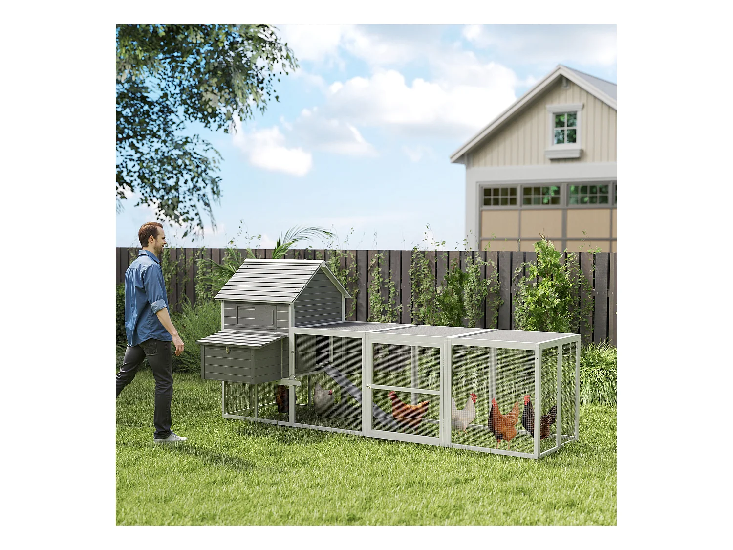 Poulailler cottage cage à poules sur pied dim. 310L x 149l x 149H cm multi-équipement bois sapin gris