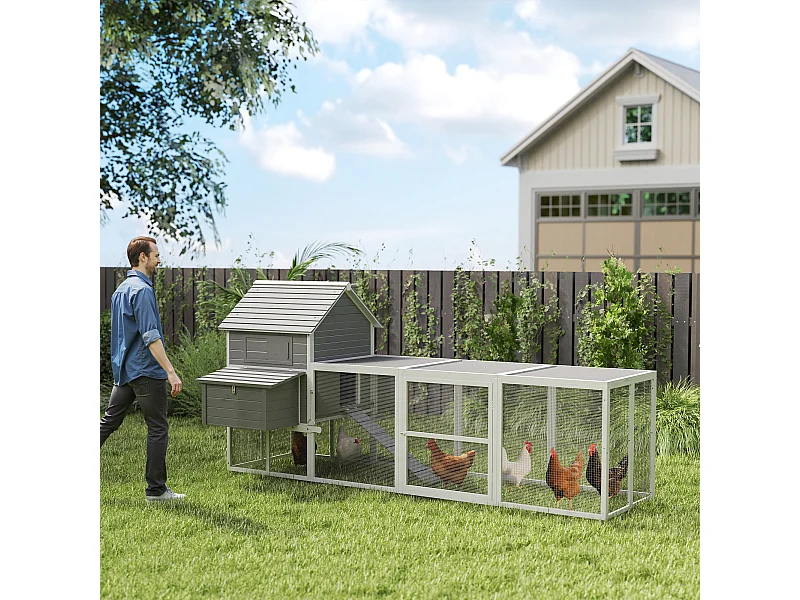 Poulailler cottage cage à poules sur pied dim. 310L x 149l x 149H cm multi-équipement bois sapin gris