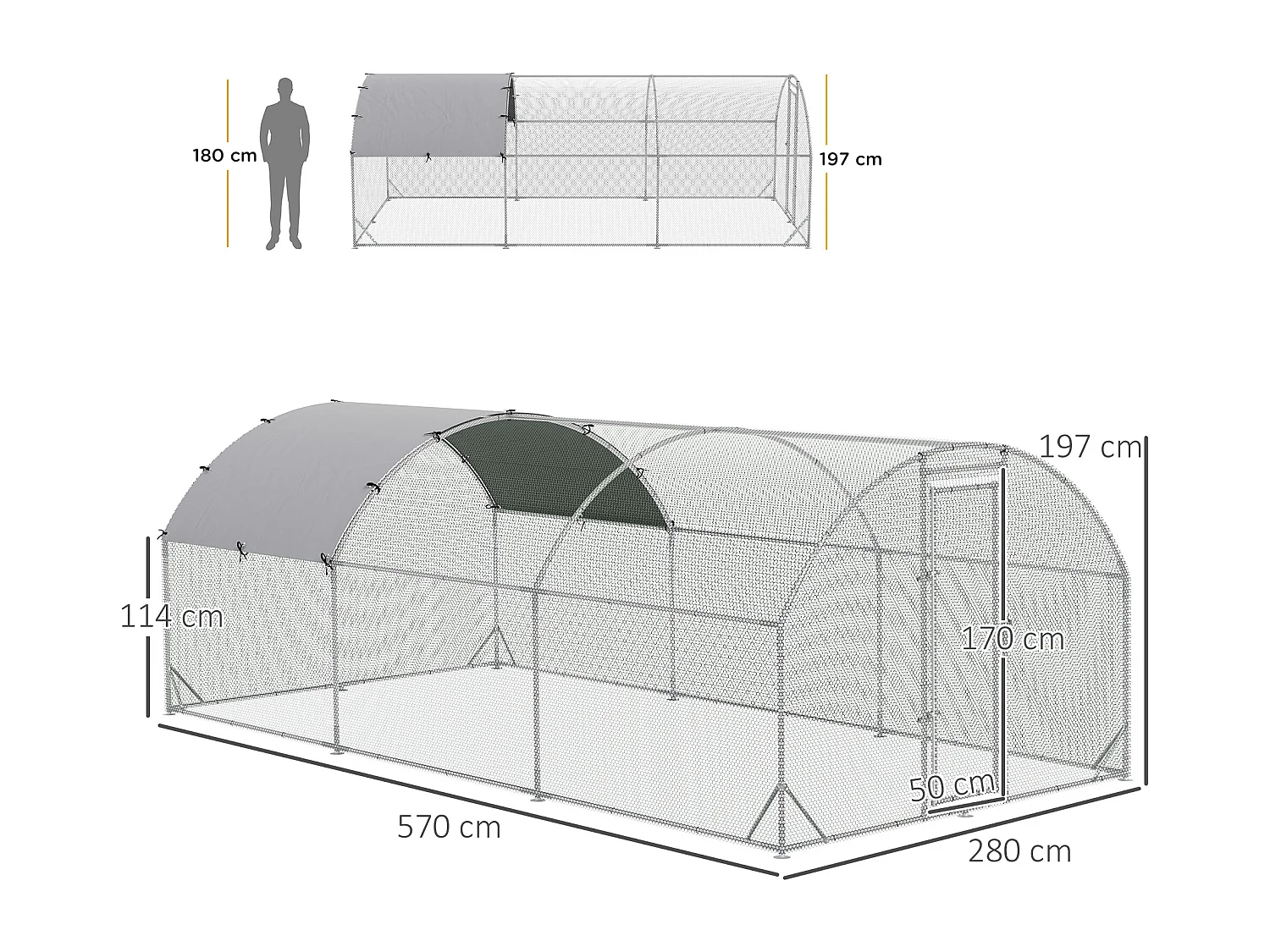 Enclos poulailler chenil 15,96 m² - parc grillagé dim. 5,7L x 2,8l x 1,97H m - espace couvert - acier galvanisé