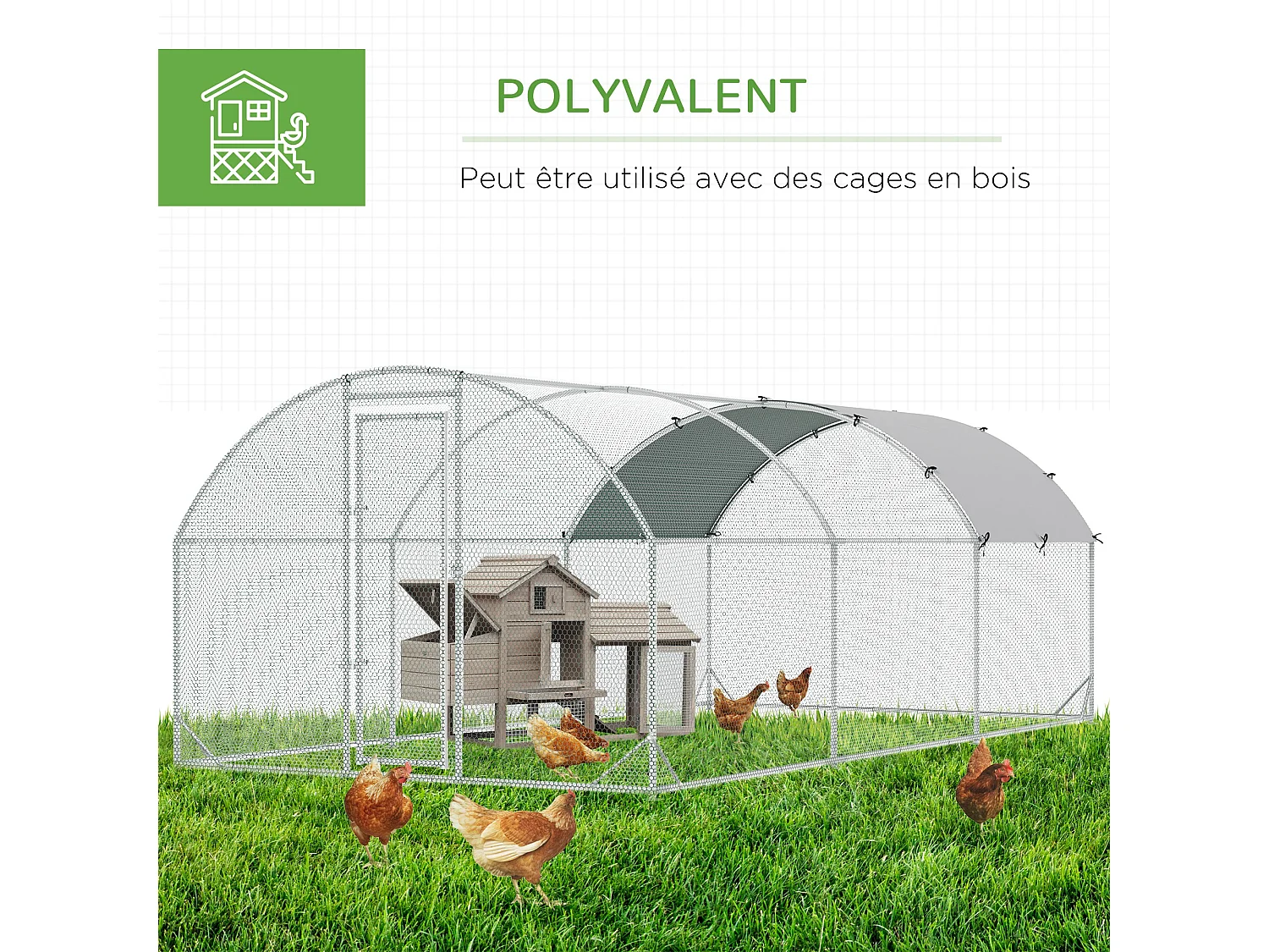 Enclos poulailler chenil 15,96 m² - parc grillagé dim. 5,7L x 2,8l x 1,97H m - espace couvert - acier galvanisé