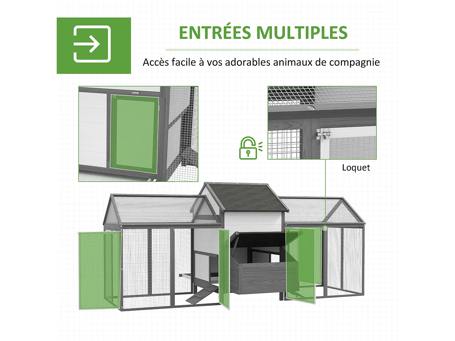 Poulailler en bois 2 enclos modulables niche pondoir gris