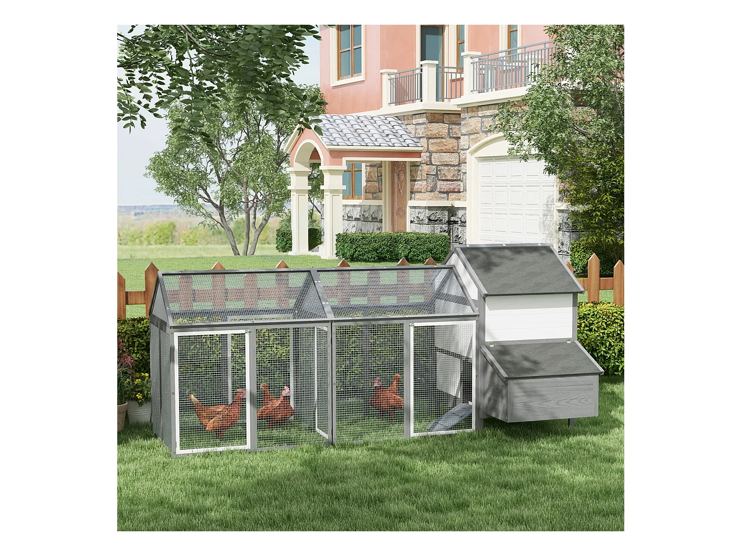 Poulailler en bois 2 enclos modulables niche pondoir gris