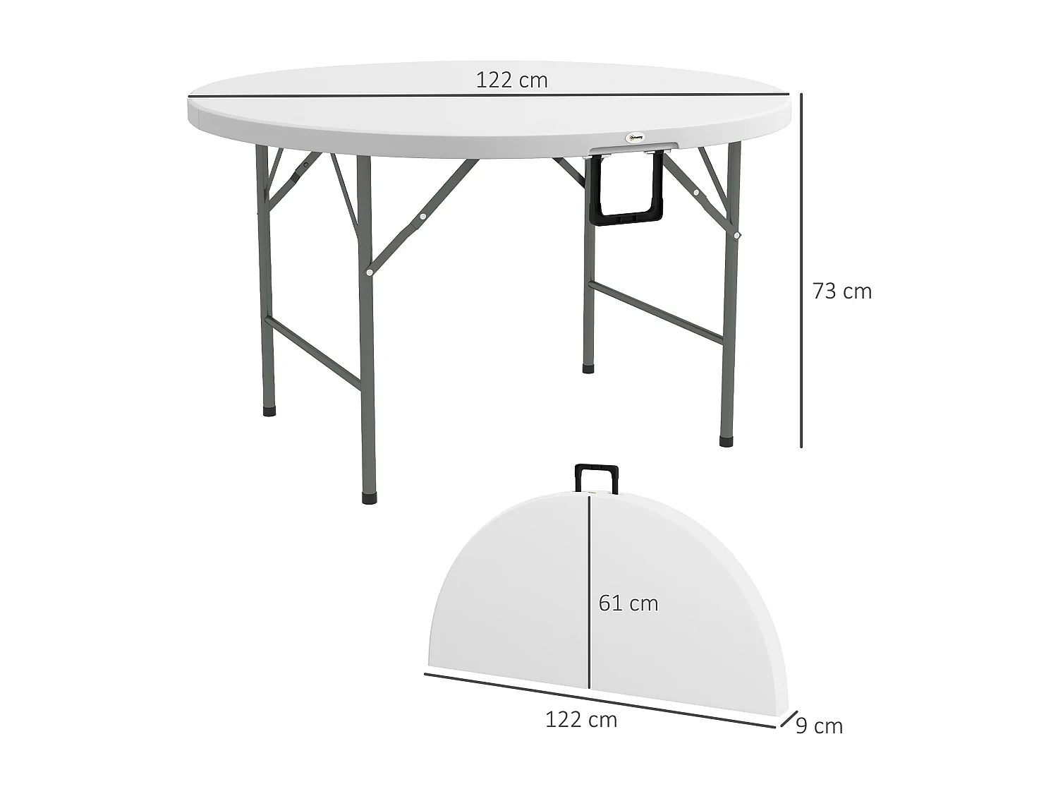 Table pliante table de camping pliable table de jardin Ø 122 x 73H cm poignée acier époxy HDPE blanc