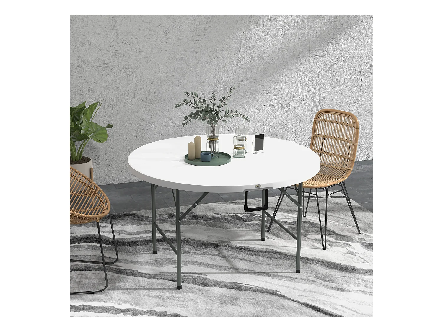 Table pliante table de camping pliable table de jardin Ø 122 x 73H cm poignée acier époxy HDPE blanc