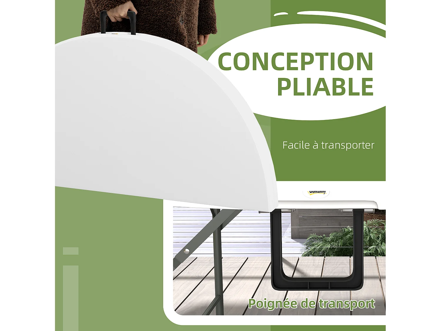 Table pliante table de camping pliable table de jardin Ø 122 x 73H cm poignée acier époxy HDPE blanc