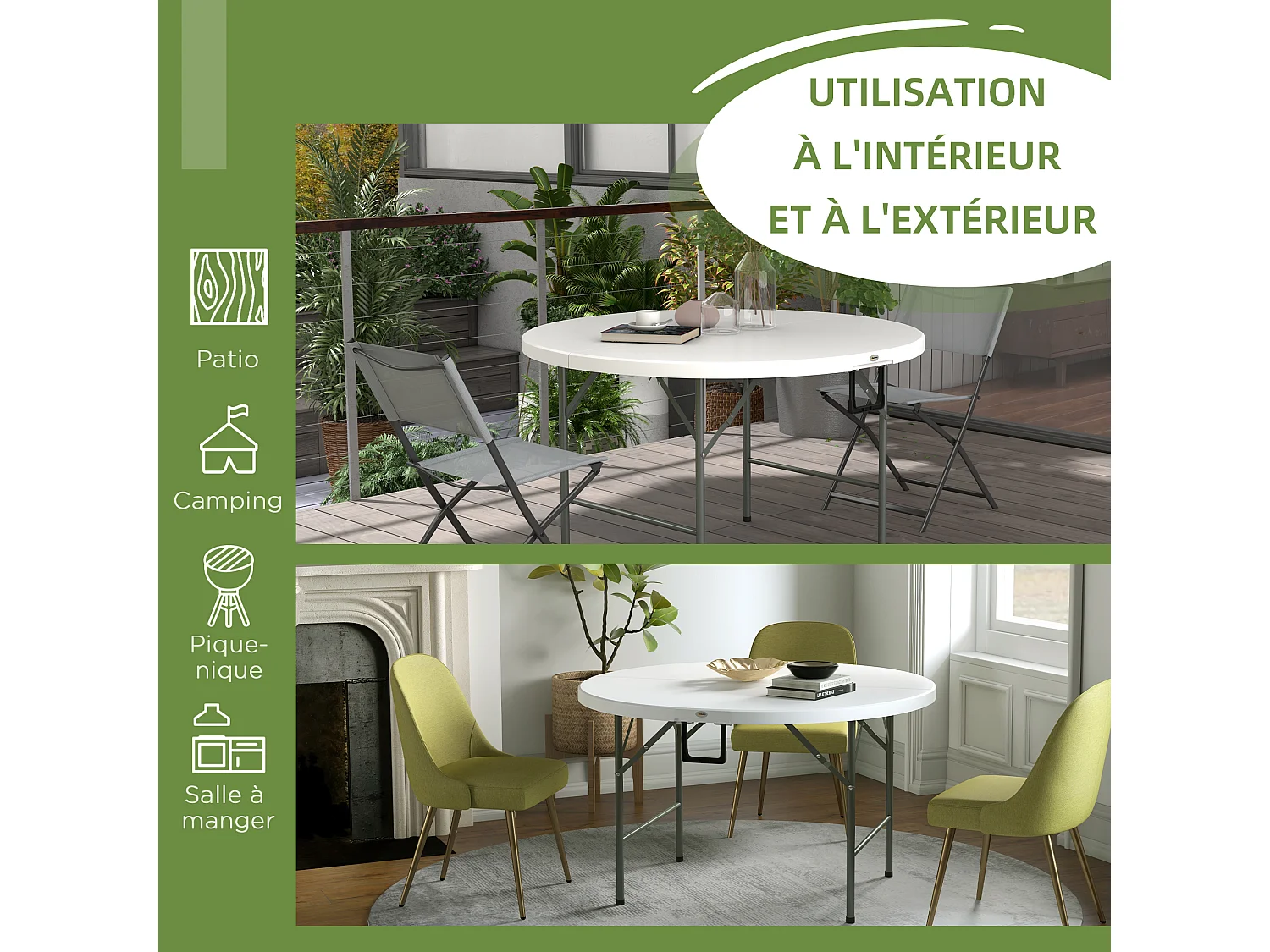 Table pliante table de camping pliable table de jardin Ø 122 x 73H cm poignée acier époxy HDPE blanc