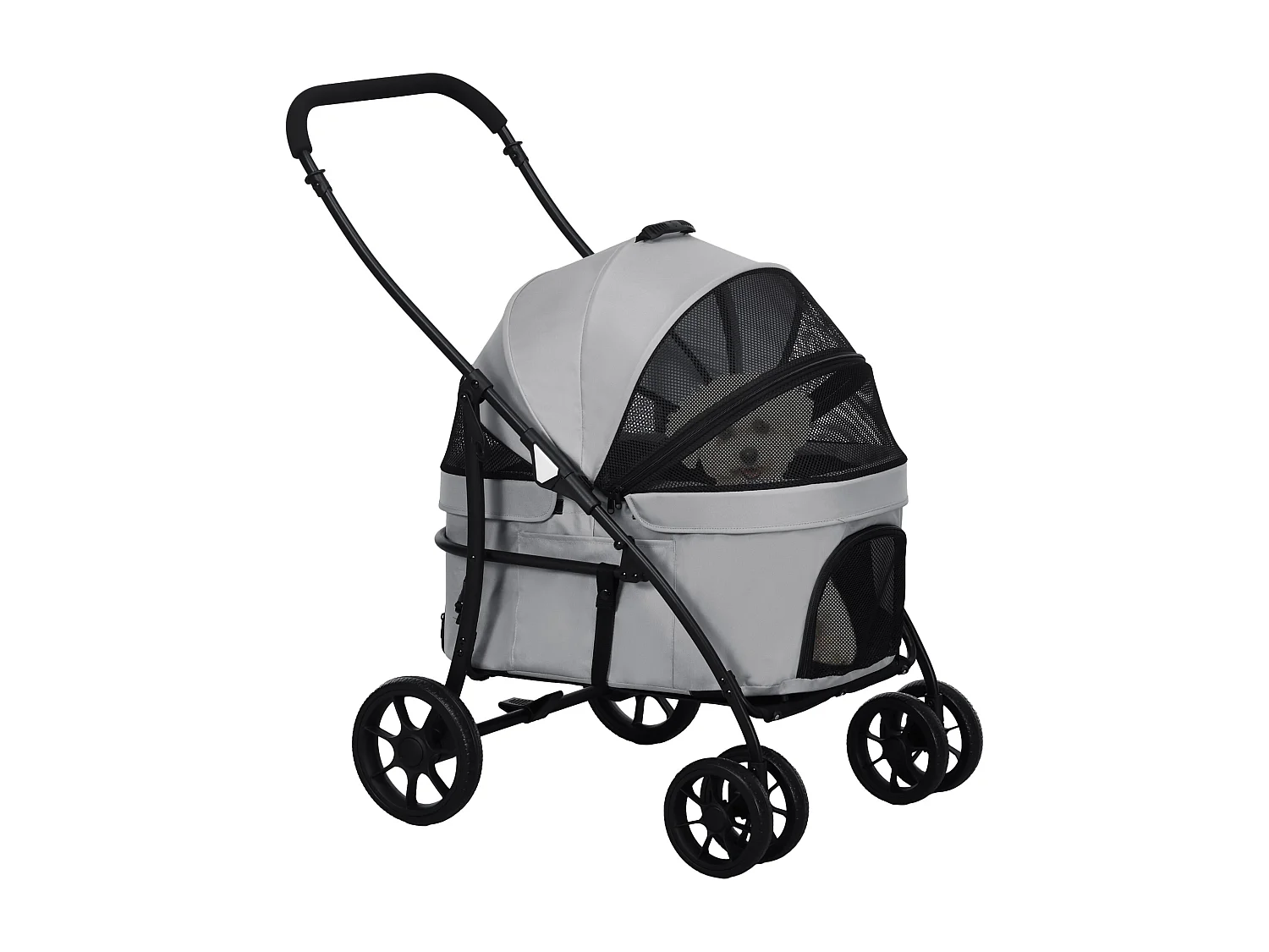 Poussette pour chien pliable nacelle 2 en 1 - poignée, housse zippée, pochette - acier oxford gris