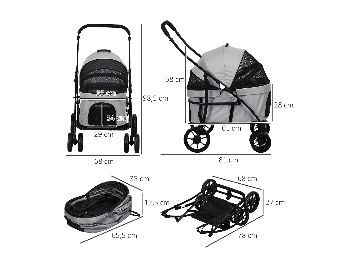 Poussette pour chien pliable nacelle 2 en 1 - poignée, housse zippée, pochette - acier oxford gris