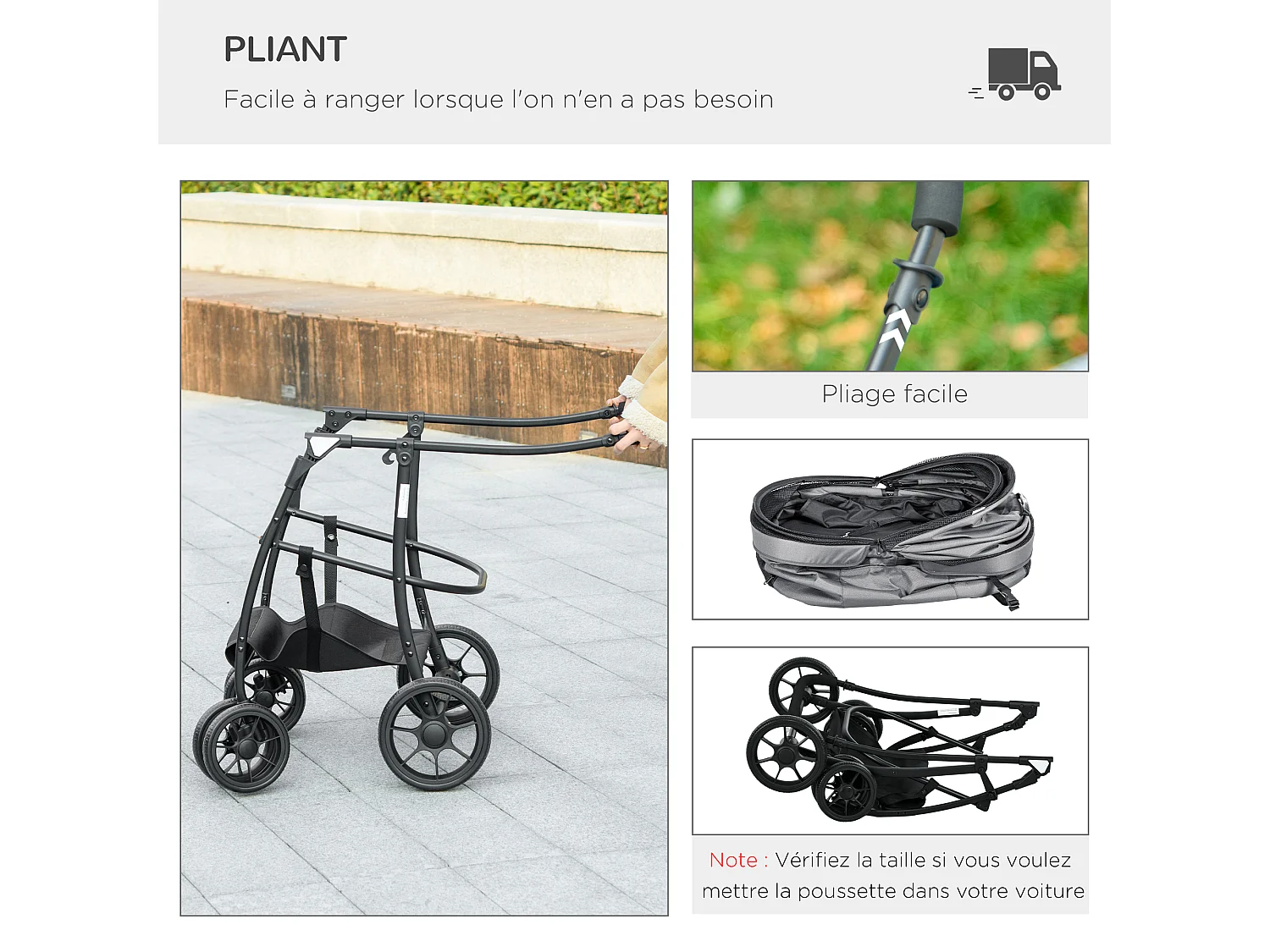 Poussette pour chien pliable nacelle 2 en 1 - poignée, housse zippée, pochette - acier oxford gris