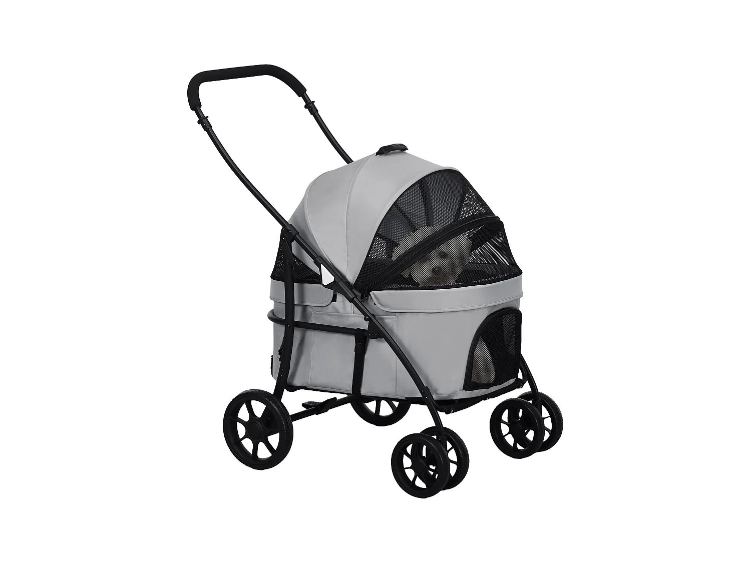 Poussette pour chien pliable nacelle 2 en 1 - poignée, housse zippée, pochette - acier oxford gris