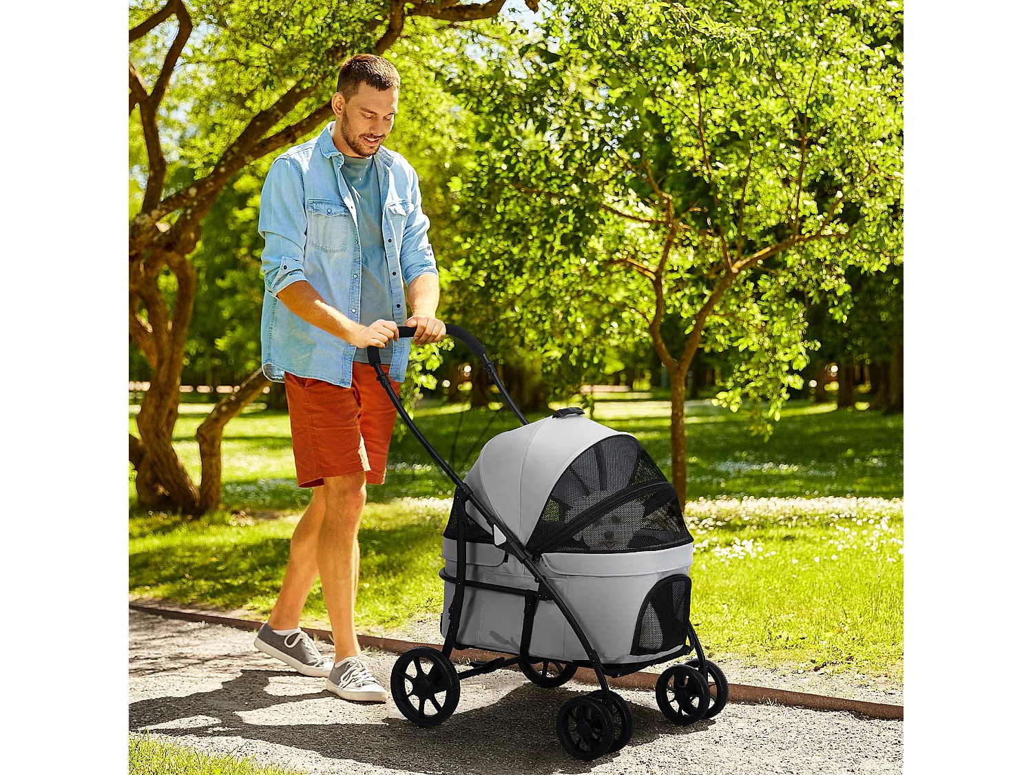 Poussette pour chien pliable nacelle 2 en 1 - poignée, housse zippée, pochette - acier oxford gris