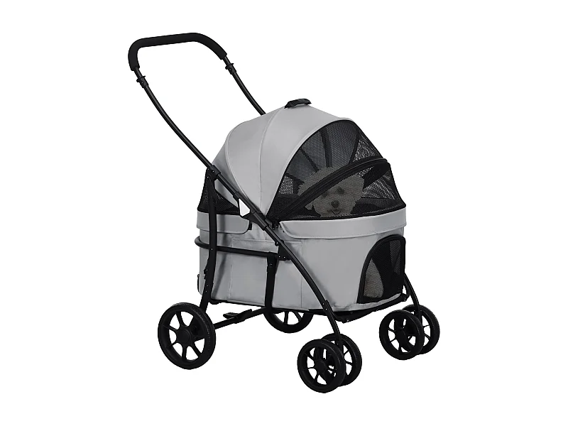 Poussette pour chien pliable nacelle 2 en 1 - poignée, housse zippée, pochette - acier oxford gris