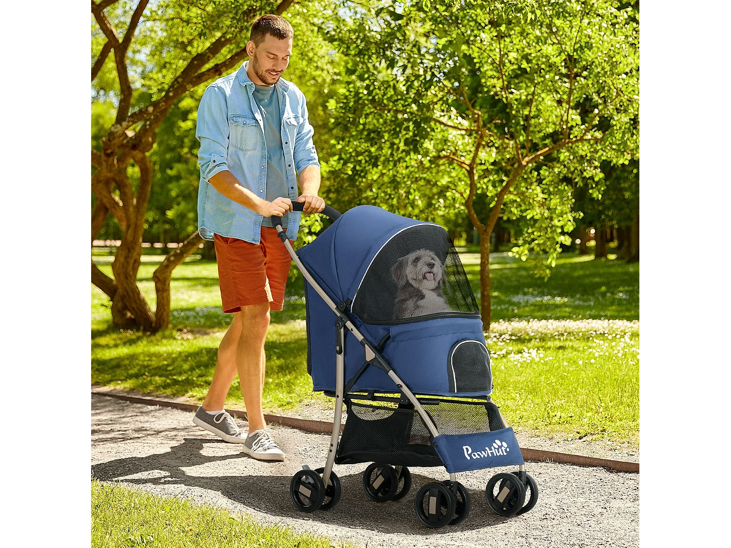 Poussette buggy pliable pour chien rangement laisses coussin inclus bleu