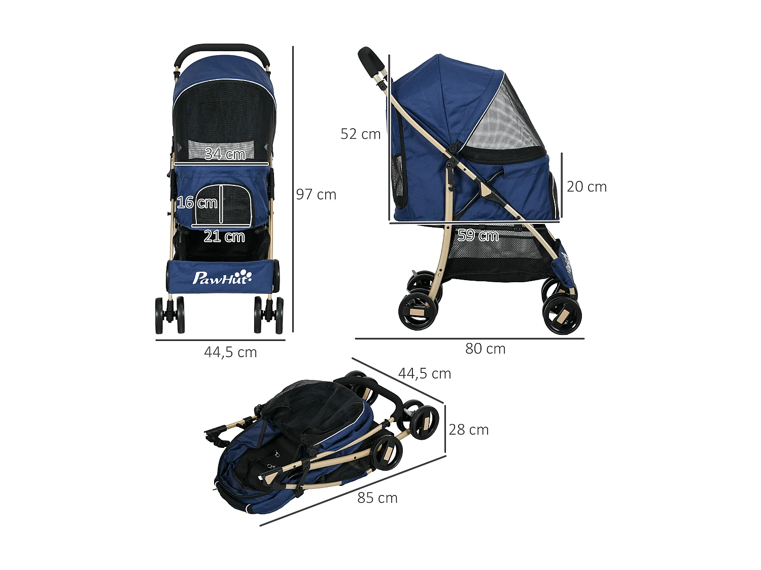 Poussette buggy pliable pour chien rangement laisses coussin inclus bleu