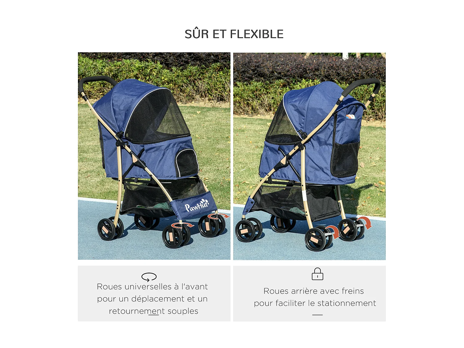 Poussette buggy pliable pour chien rangement laisses coussin inclus bleu