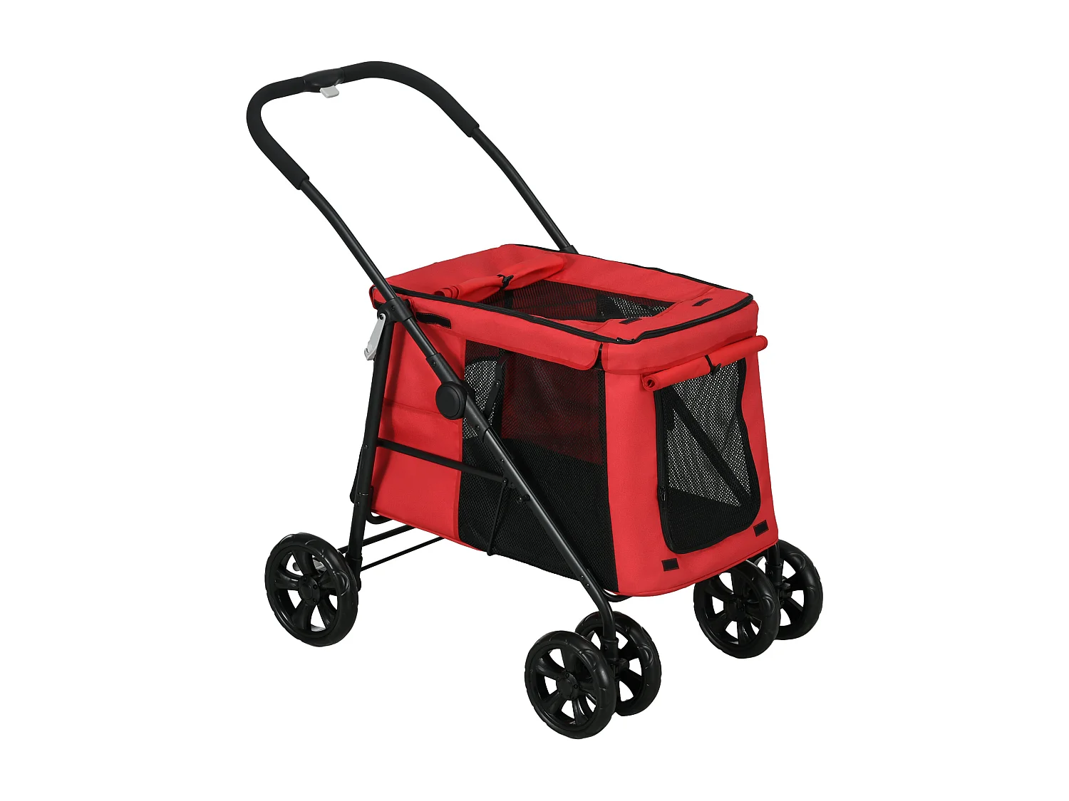 Poussette pliable pour chien chat 4 roues 3 pochettes rangement coussin acier oxford rouge