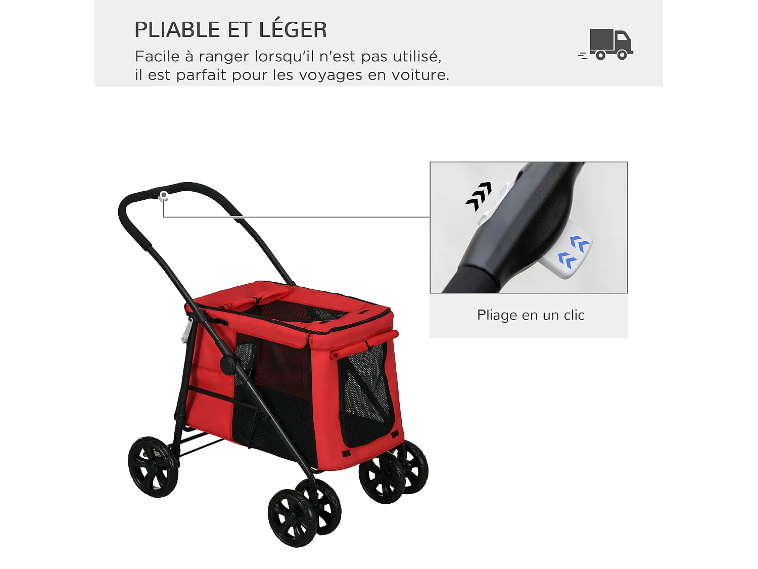 Poussette pliable pour chien chat 4 roues 3 pochettes rangement coussin acier oxford rouge