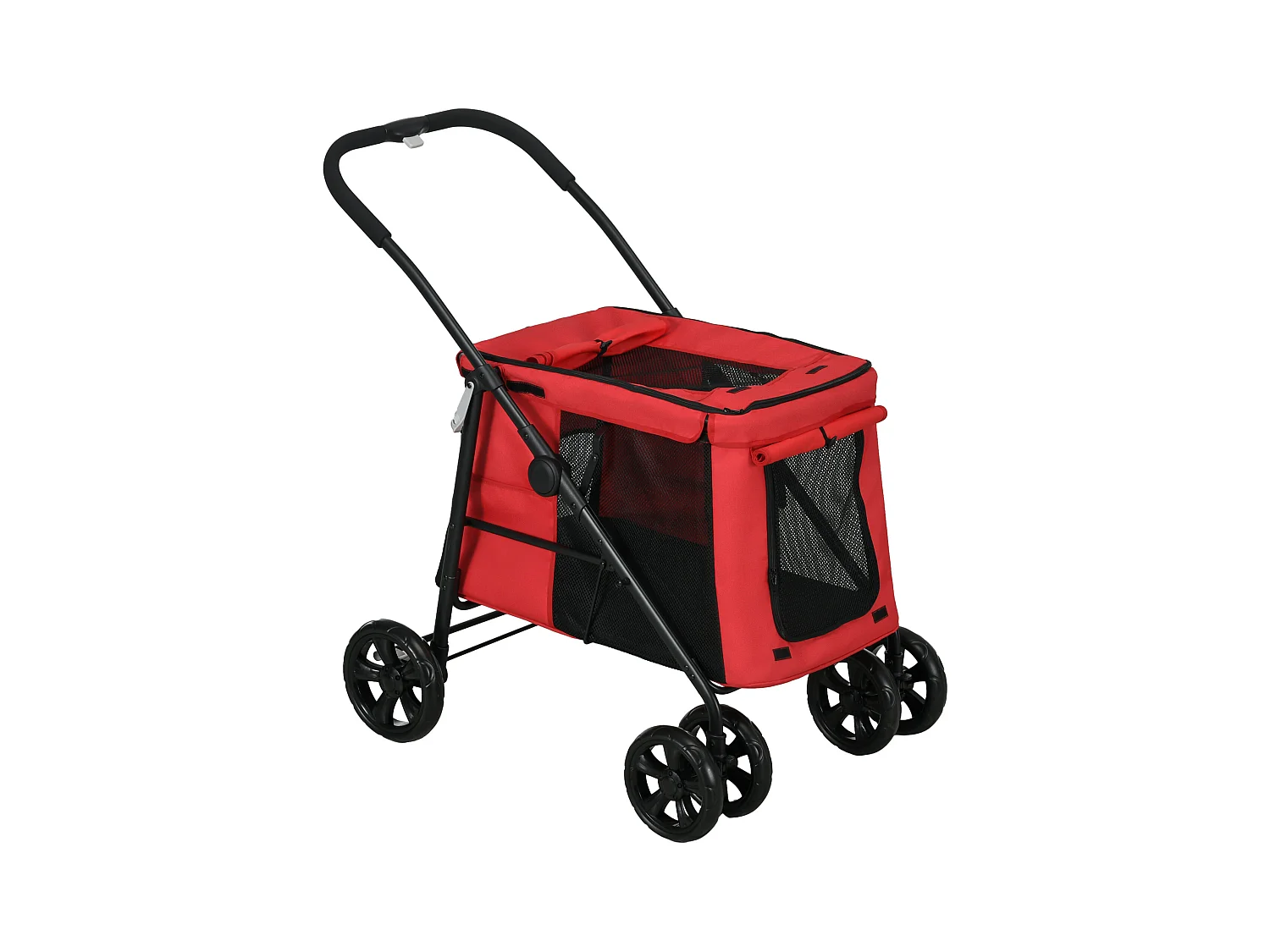 Poussette pliable pour chien chat 4 roues 3 pochettes rangement coussin acier oxford rouge